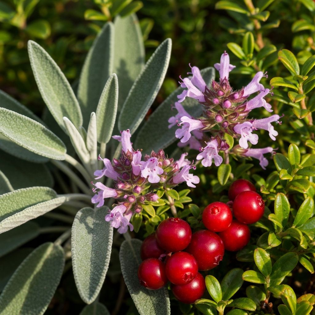 Nahaufnahme alpiner Heilkräuter und Beeren in natürlichem Zustand